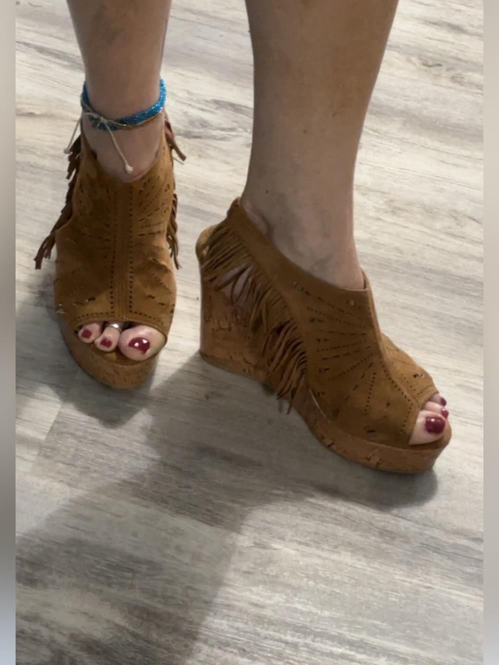Olivia Miller Tan Suede Fringe Wedge Sandals